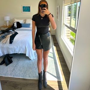 Black Leather Mini Skirt with Zipper Detail